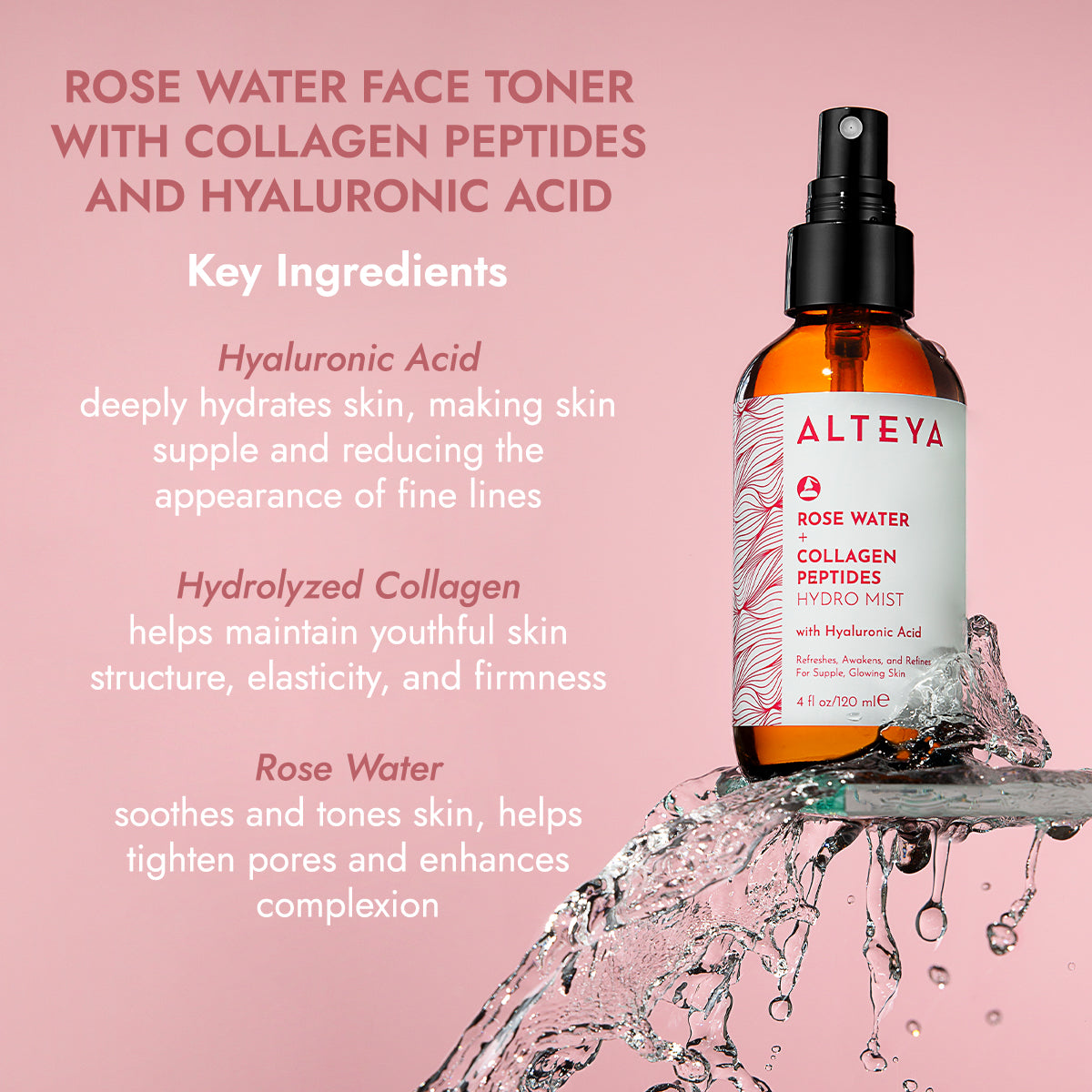 ALTEYA Rose Water + Collagen Peptides Hydro Mist 有機膠原勝肽玫瑰花水 [120ml]